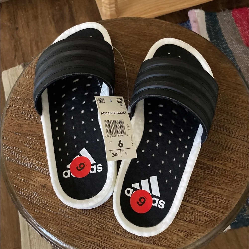 Adidas Adilette Boost Slides in Black and white